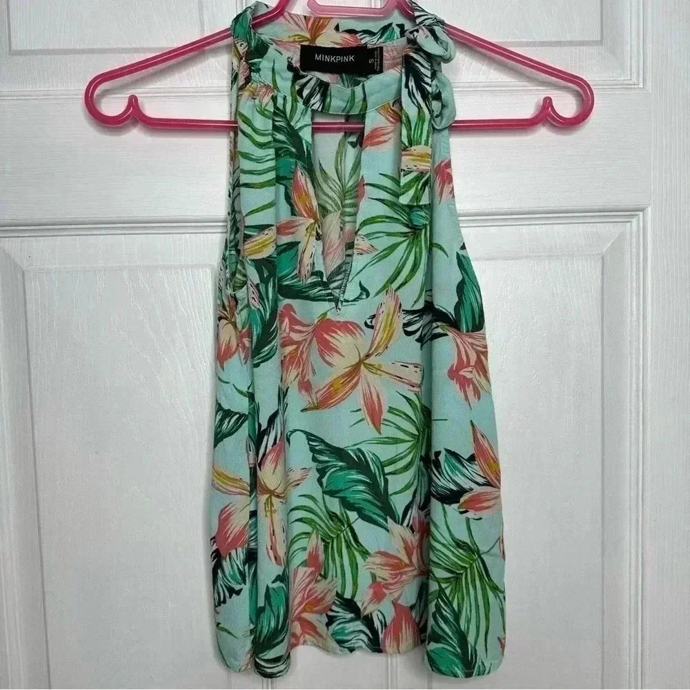 Minkpink Sunshine Coast Floral Print Tie Neck Halter Swing Top Size Small